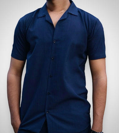 Textured Blue Cuban Collar Shirt