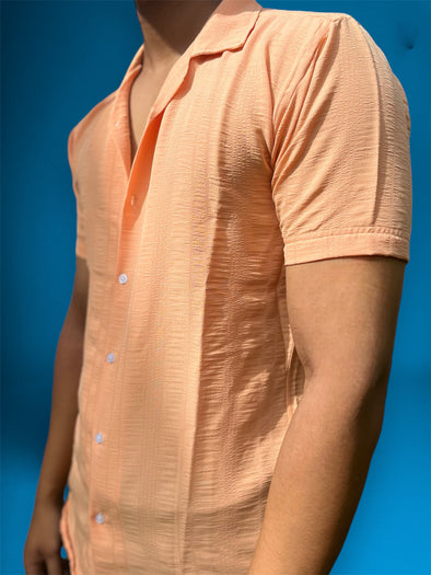 Textured Orange Cuban Collar Shirt