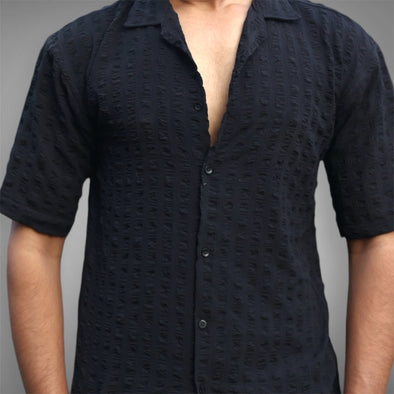 Textured Black Cuban Collar Shirt