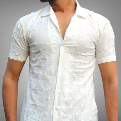 Textured White Cuban Collar Shirt