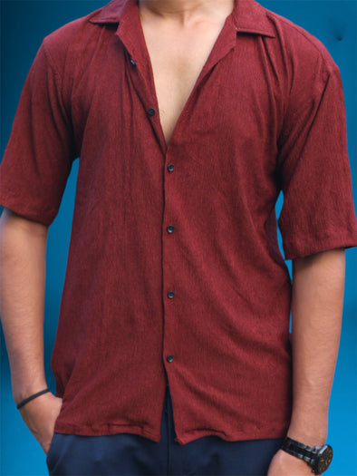 Textured Maroon Cuban Collar Shirt