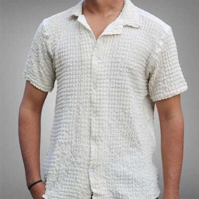 Popcorn Textured white Cuban collar shirt